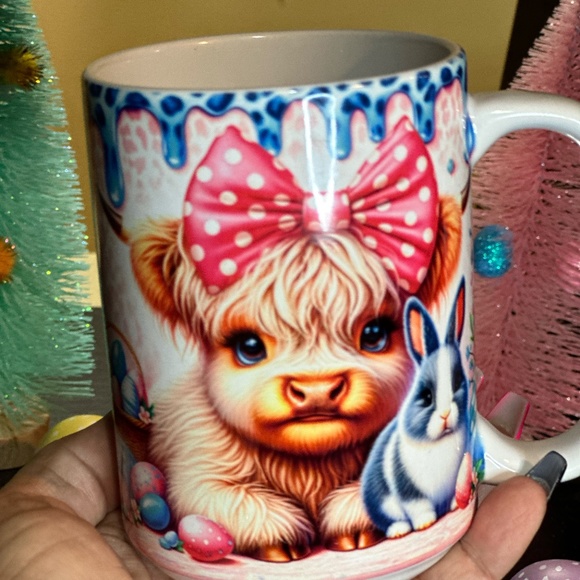 Hand Crafted Easter Highland Cow -Pink Sublimated 15oz Mug - Picture 5 of 5